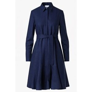 Akris punto Virgin Wool Belted Knee-Length Shirtdress Navy Sz 6 $2399 Modest Lux